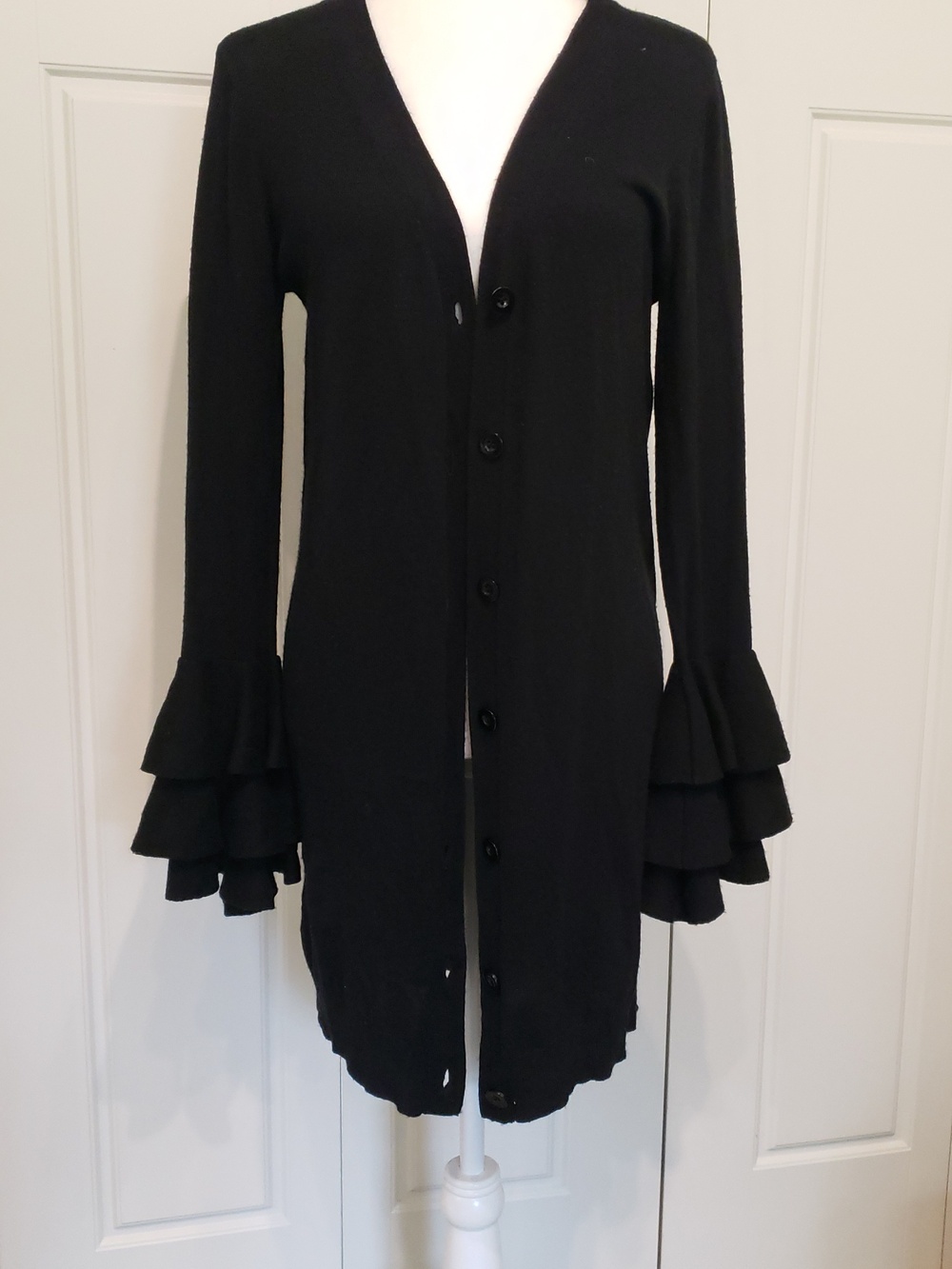 Soprano XS long Black Cardigan Sweater. Ruffle Sleeves